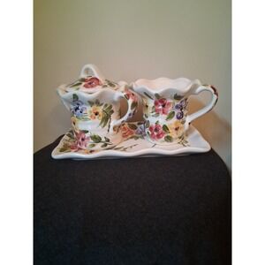 Tabletops Unlimited Rose Prairie Hand Painted Sugar Creamer Set with Tray Floral